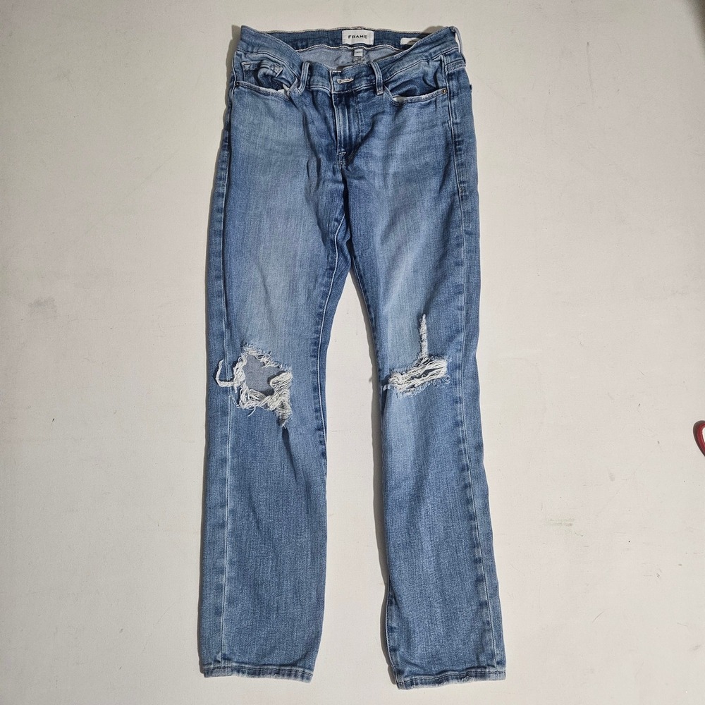 FRAME Le Garcon Distressed Boyfriend Jeans Light Wash Ripped Knee Size 27 - Picture 2 of 12